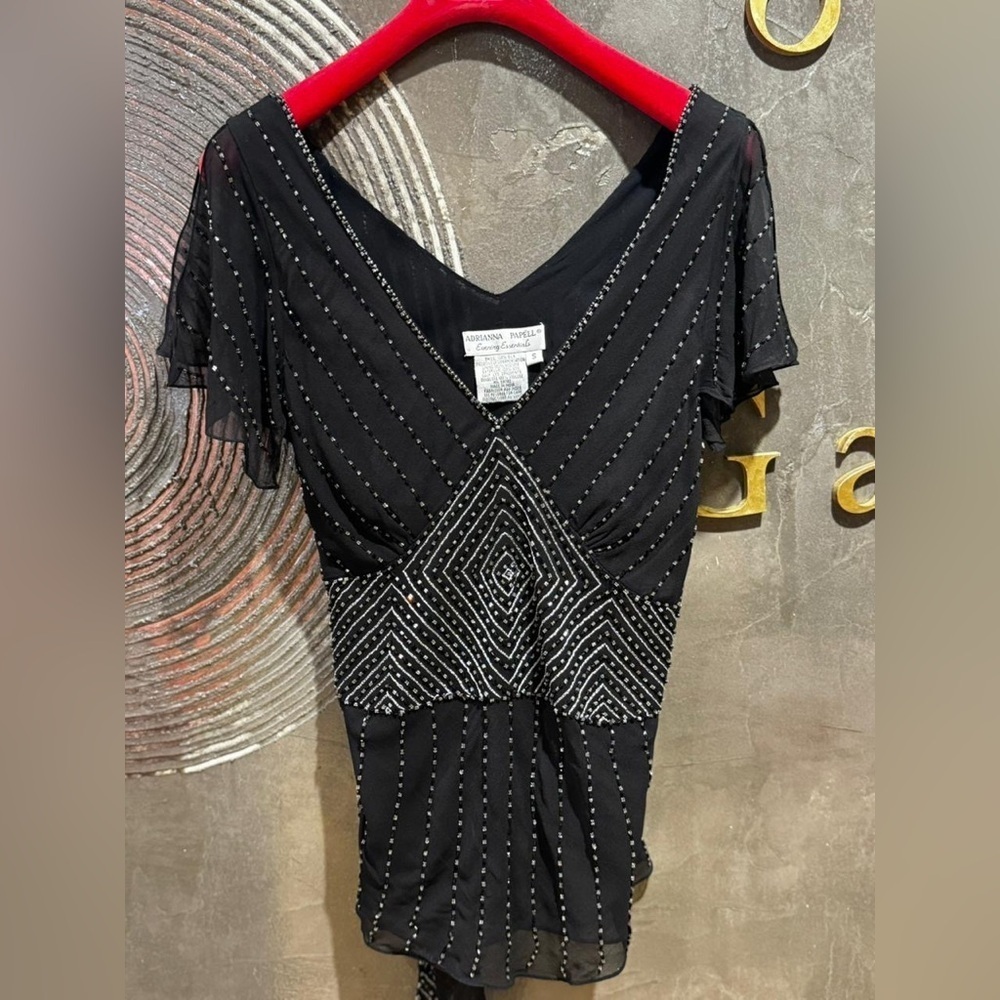 Adrianna Papell Black v neck blouse with Silver Accents beads